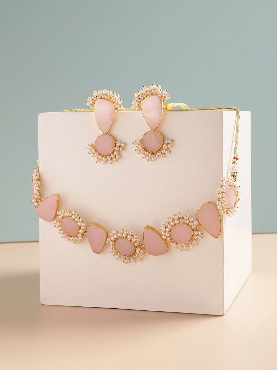 

SOHI Gold-Plated Designer Stone Studded & Beaded Necklace Set, Peach