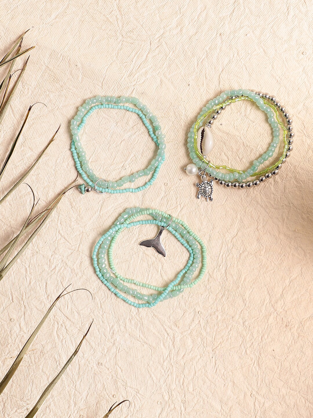 

SOHI Set Of 3 Beaded Wraparound Bracelets, Sea green