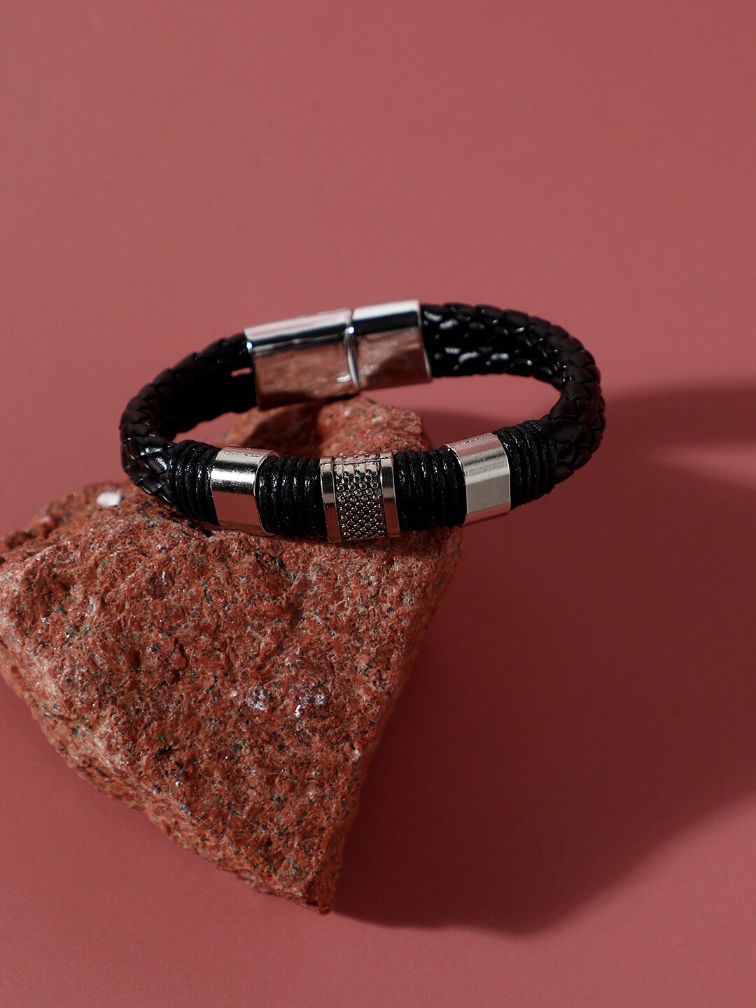 

SOHI Women Silver-Plated PU Leather Wraparound Bracelet, Black
