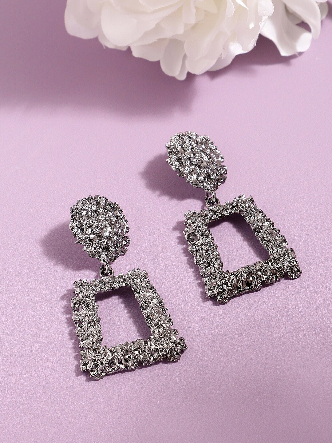 

SOHI Silver-Plated Rectangular Party Drop Earrings