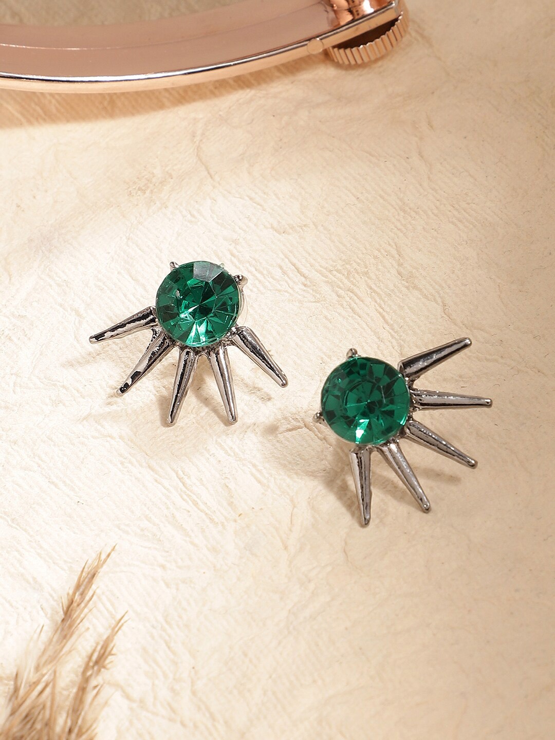 

SOHI Silver-Plated Stone-Studded Contemporary Studs Earrings, Green