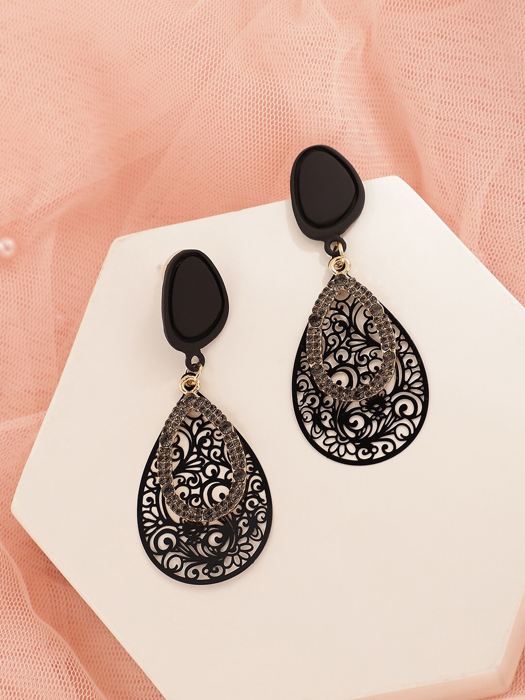 

SOHI Gold Plated Contemporary Drop Earrings, Black