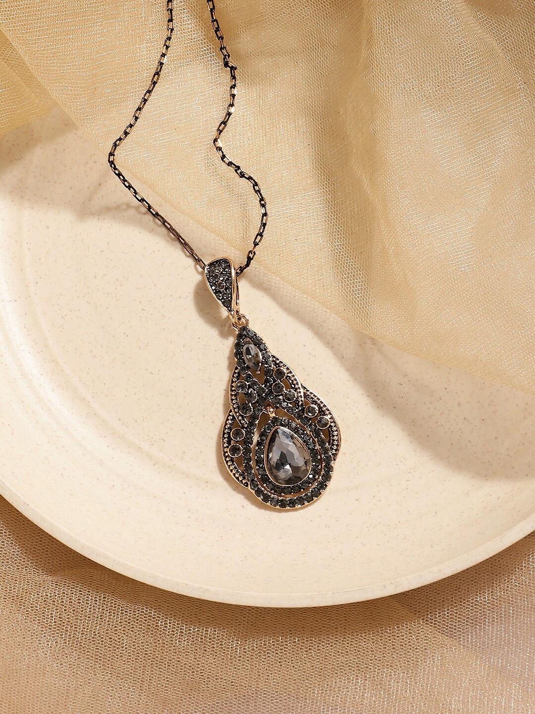 

SOHI Silver-Plated Stone Studded Pendant Chain, Black