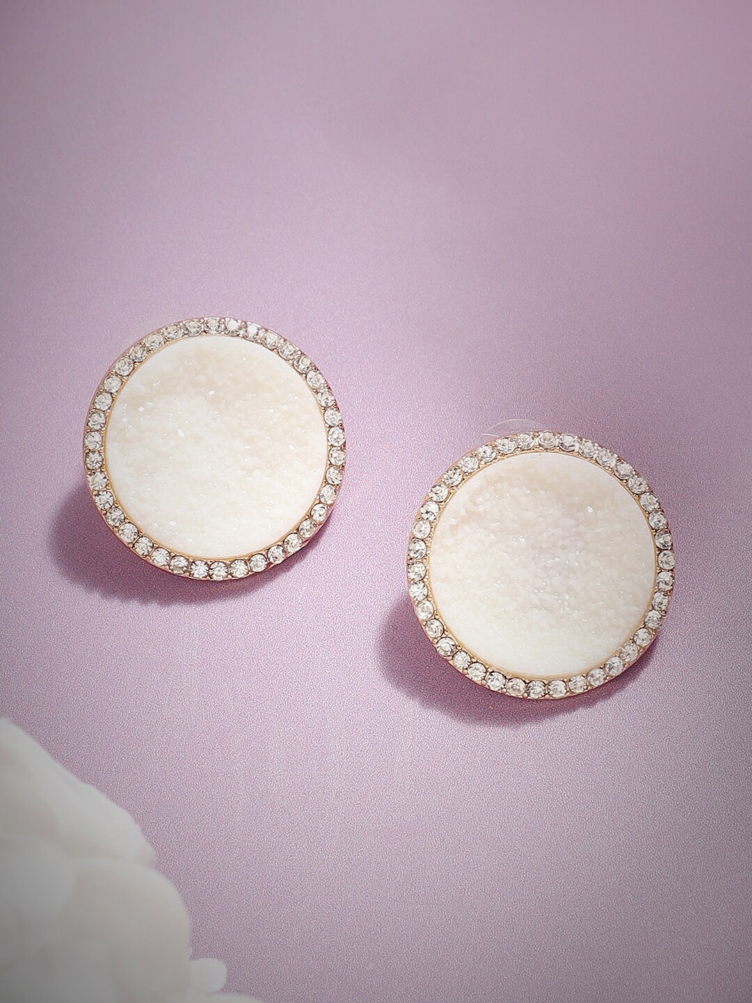 

SOHI Gold-Plated Stone-Studded Circular Studs Earrings, Cream