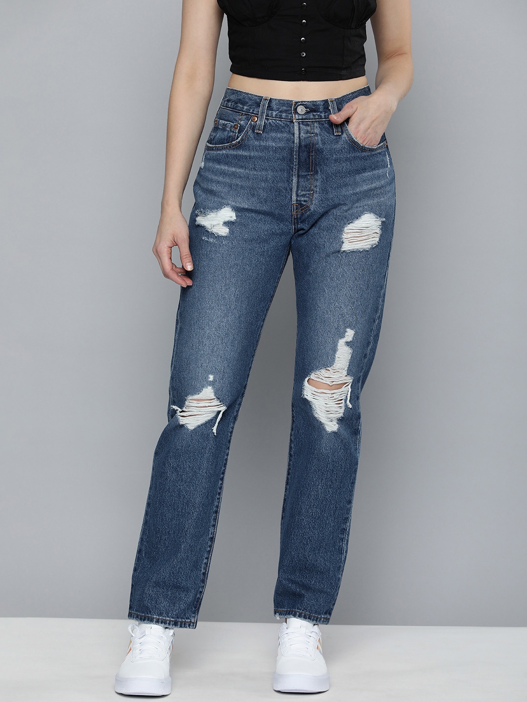 

Levis Women 501Pure Cotton High-Rise Highly Distressed Light Fade Stretchable Jeans, Blue