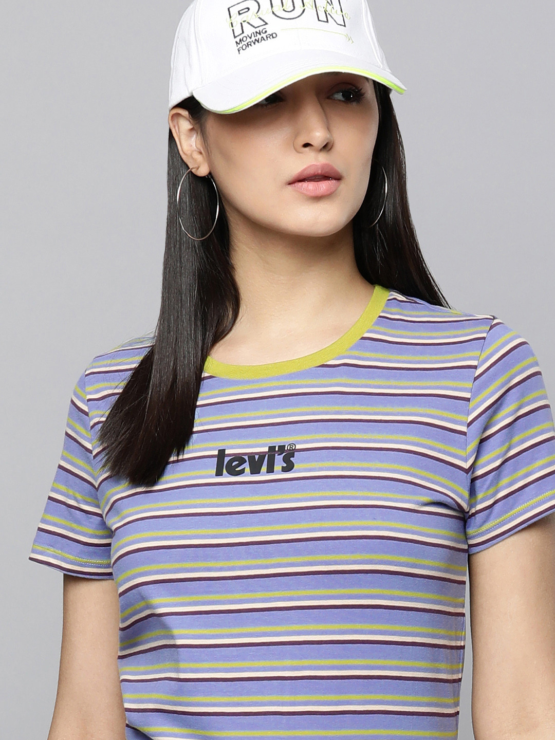 

Levis Women Multi Or Variegated Stripes & Brand Logo Print Pure Cotton T-shirt, Blue