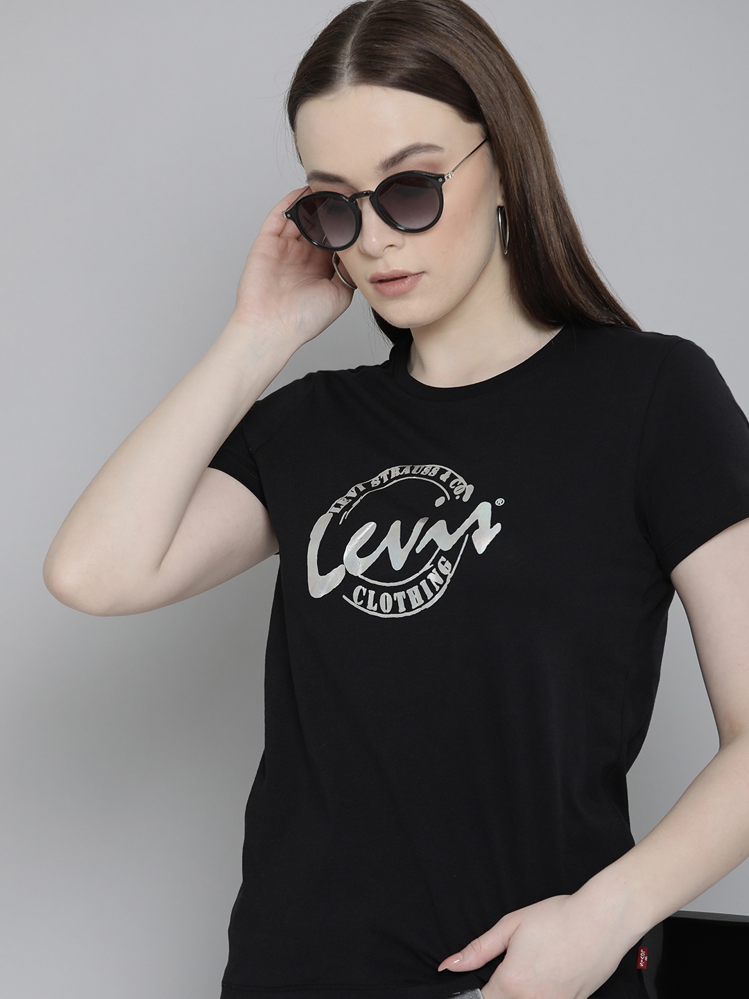 

Levis Women Red Tab Brand Logo Printed Crew Neck Pure Cotton T-shirt, Black