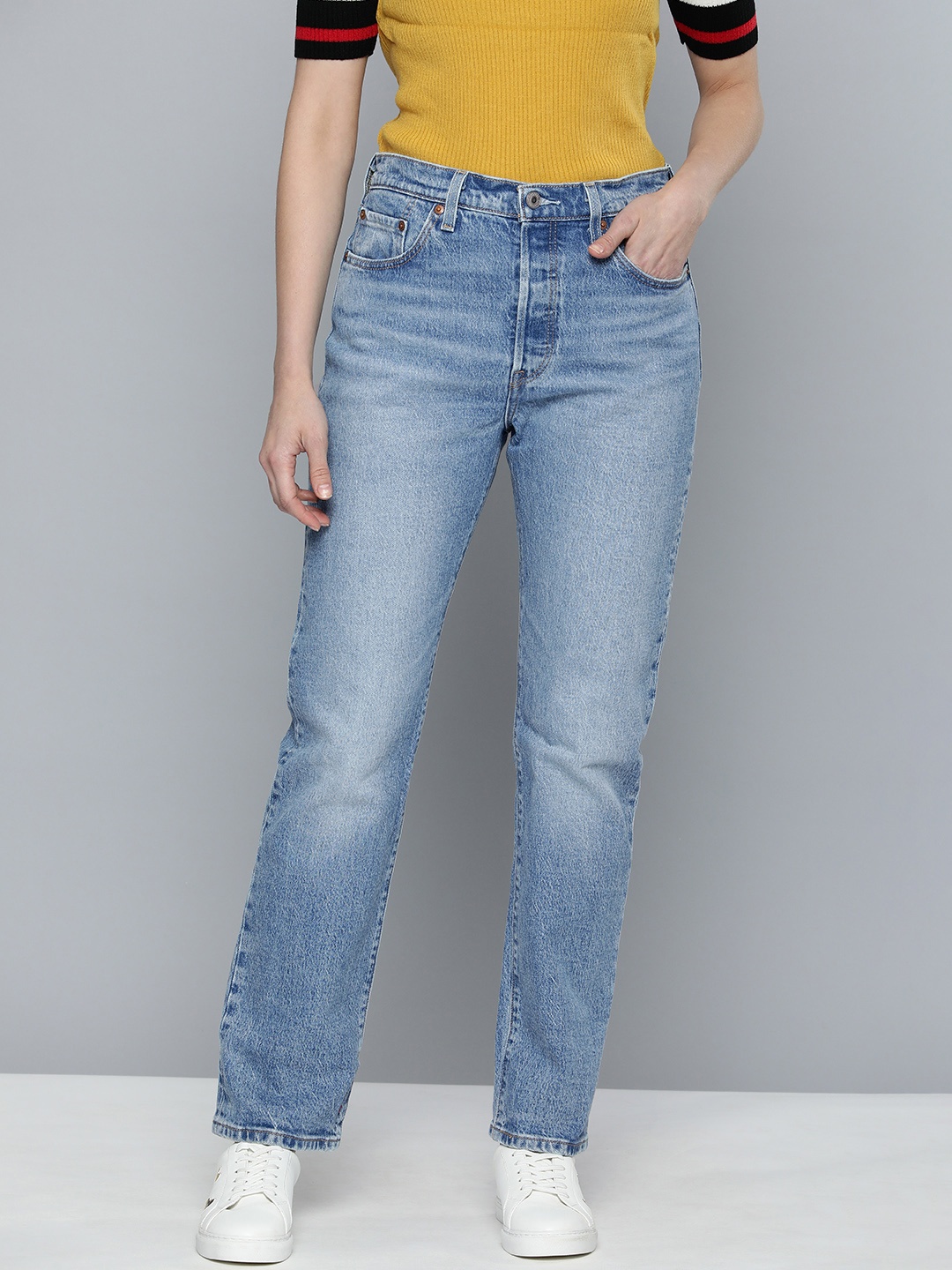 Levis Women 501 High-Rise Heavy Fade Stretchable Jeans, Blue