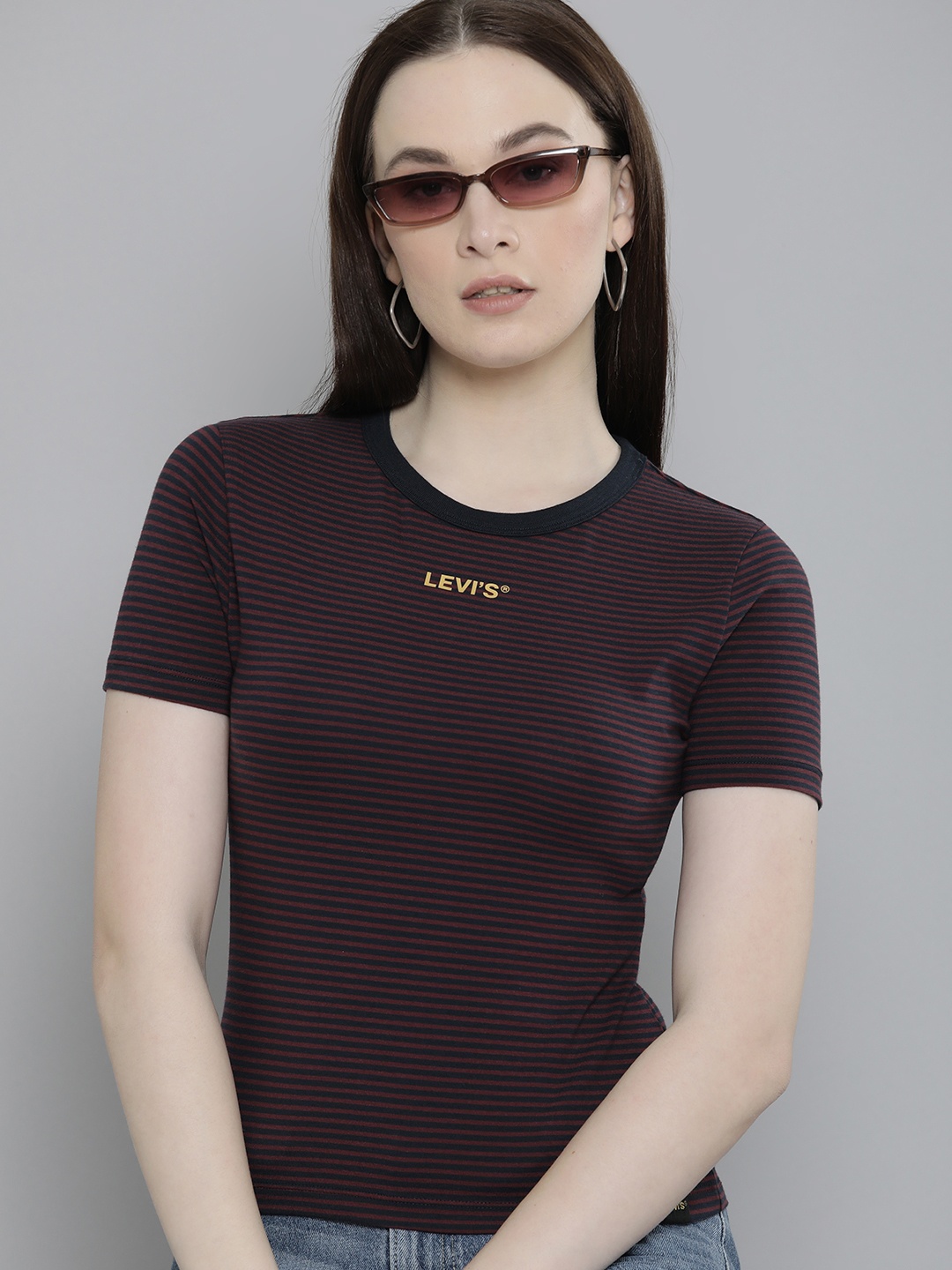 

Levis Women Striped Round Neck Short Sleeves T-shirt, Coffee brown