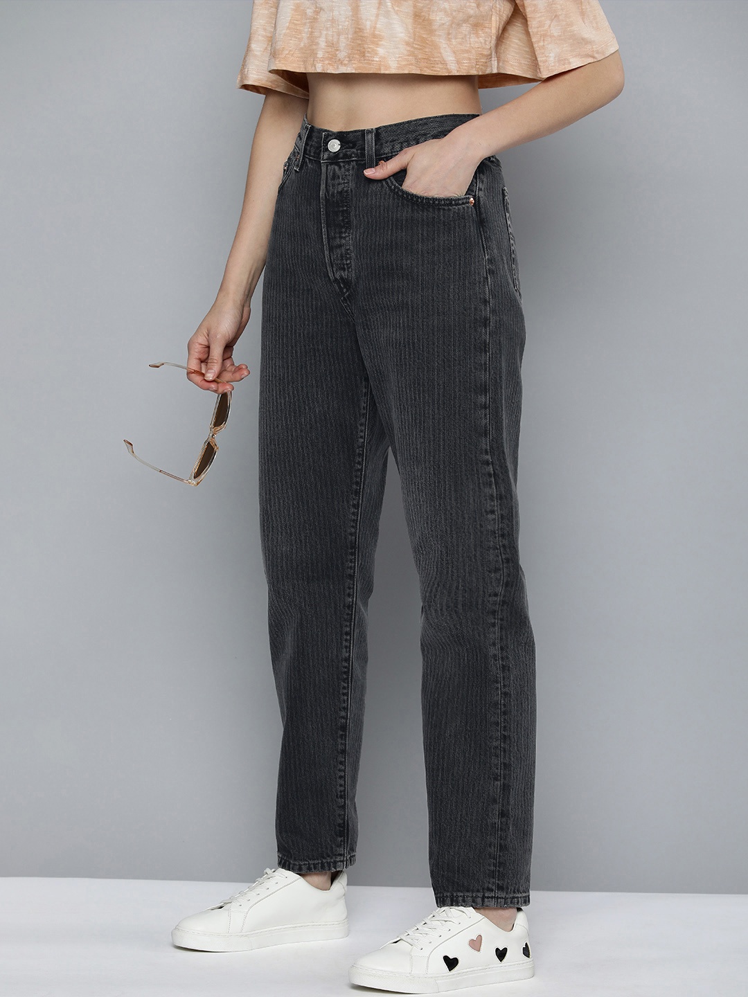 

Levis Women 501 Pure Cotton High-Rise Striped Detailed Heavy Fade Jeans, Charcoal