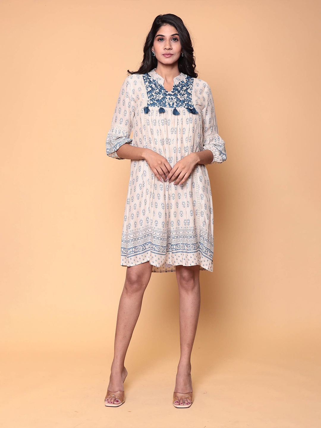 

ZARI Embroidered Cotton Band Collar A-Line Dresses, Cream