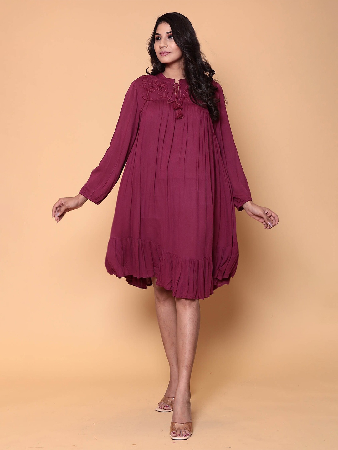 

ZARI Tie-Up Neck A-Line Dress, Purple