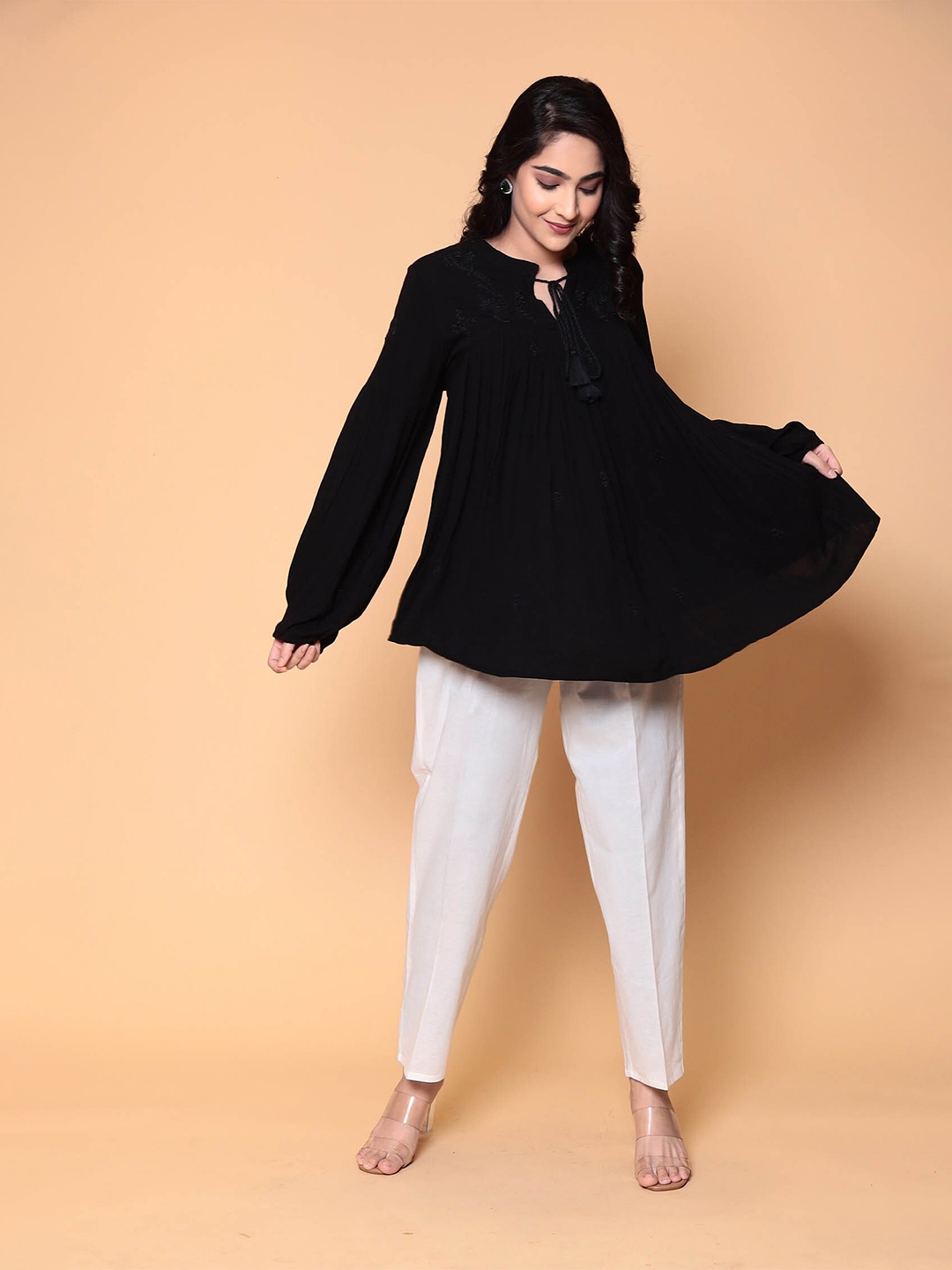 

ZARI Embroidered Tie-Up Neck Gathered Tunic, Black
