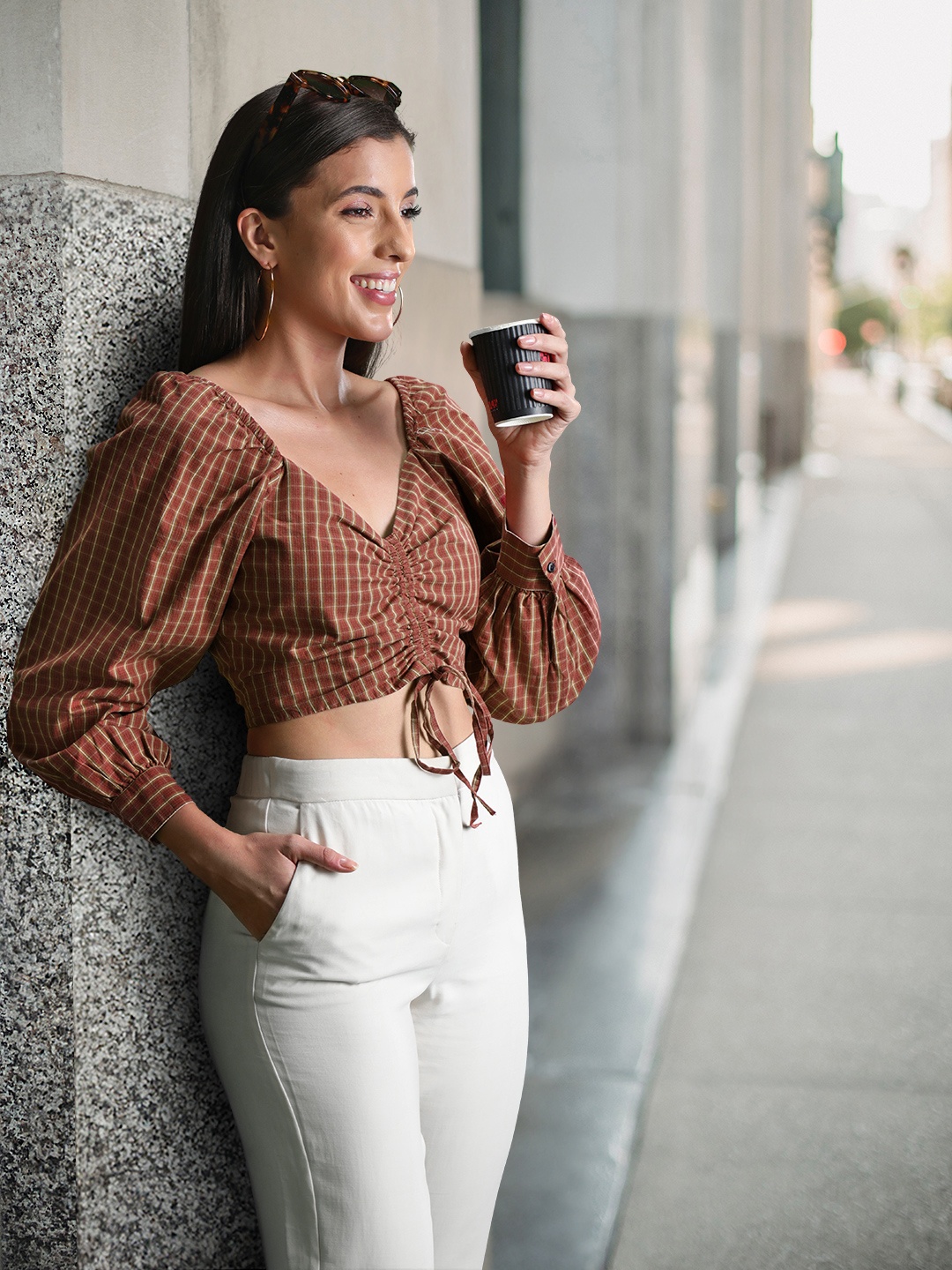 

Levis Pure Cotton Checked Sweetheart Neck Smocked Crop Top, Brown