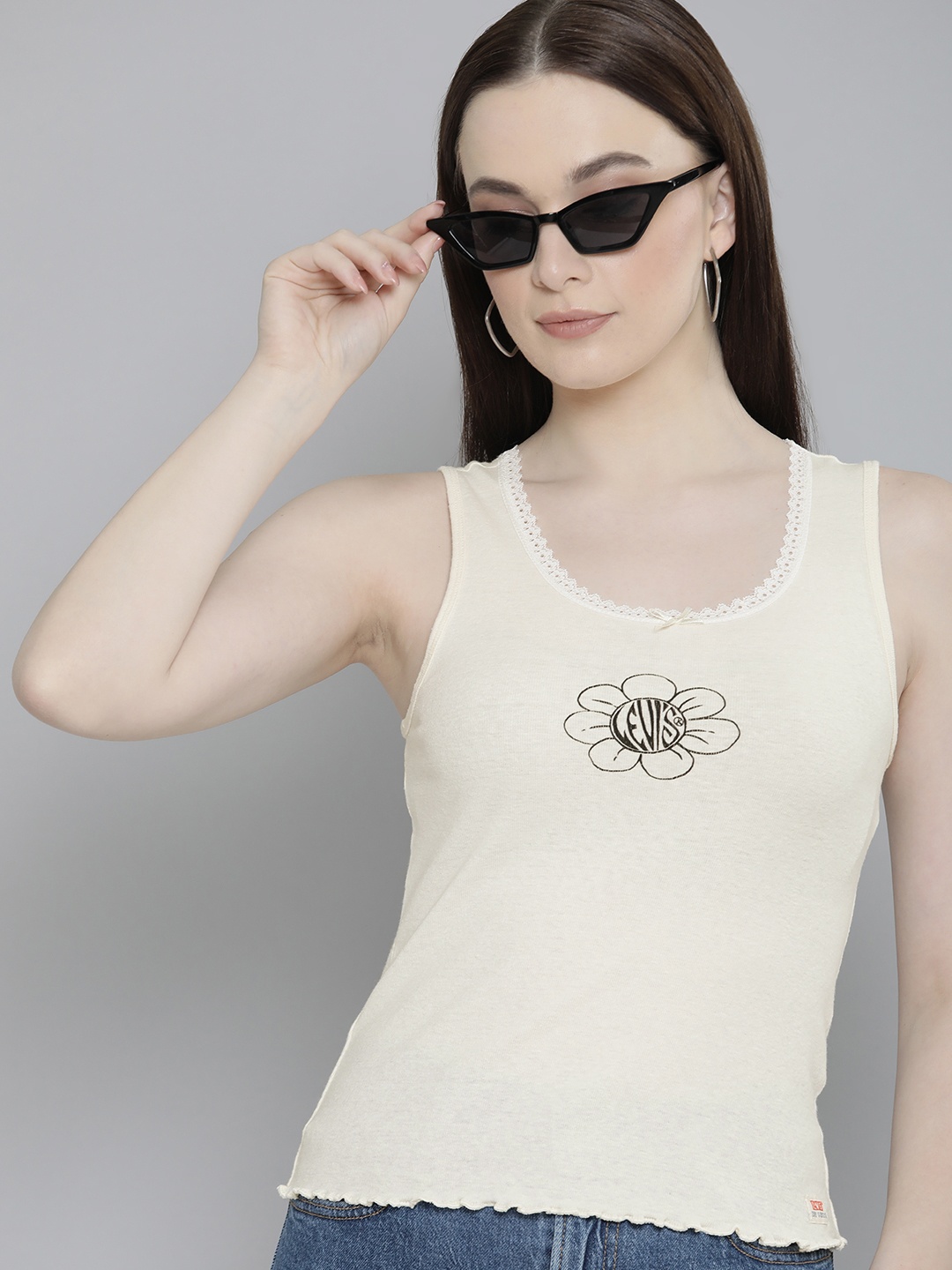 

Levis White Brand Logo Printed Cotton-Linen Tank Top