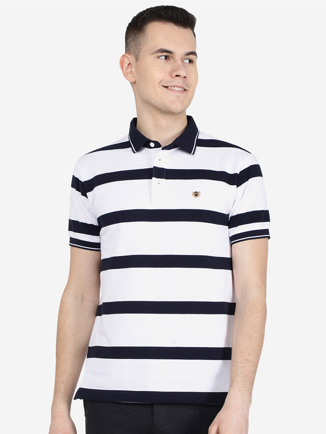 

JADE BLUE Striped Polo Collar Slim Fit Cotton T-shirt, White