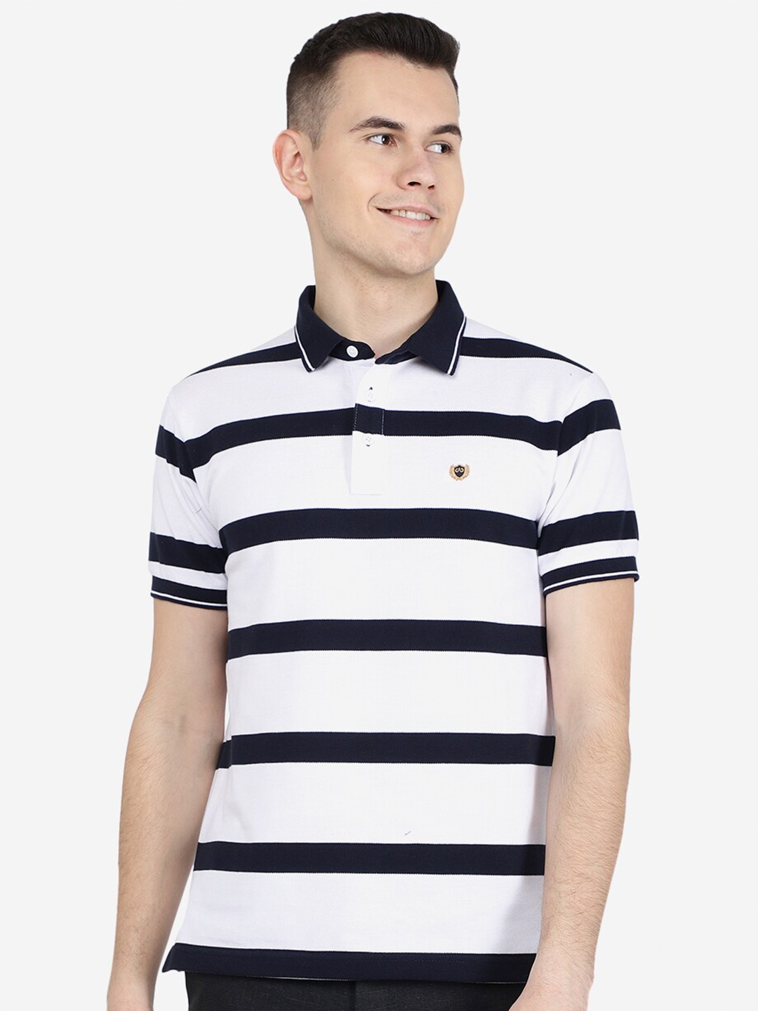 

JADE BLUE Striped Polo Collar Cotton Slim Fit T-shirt, White