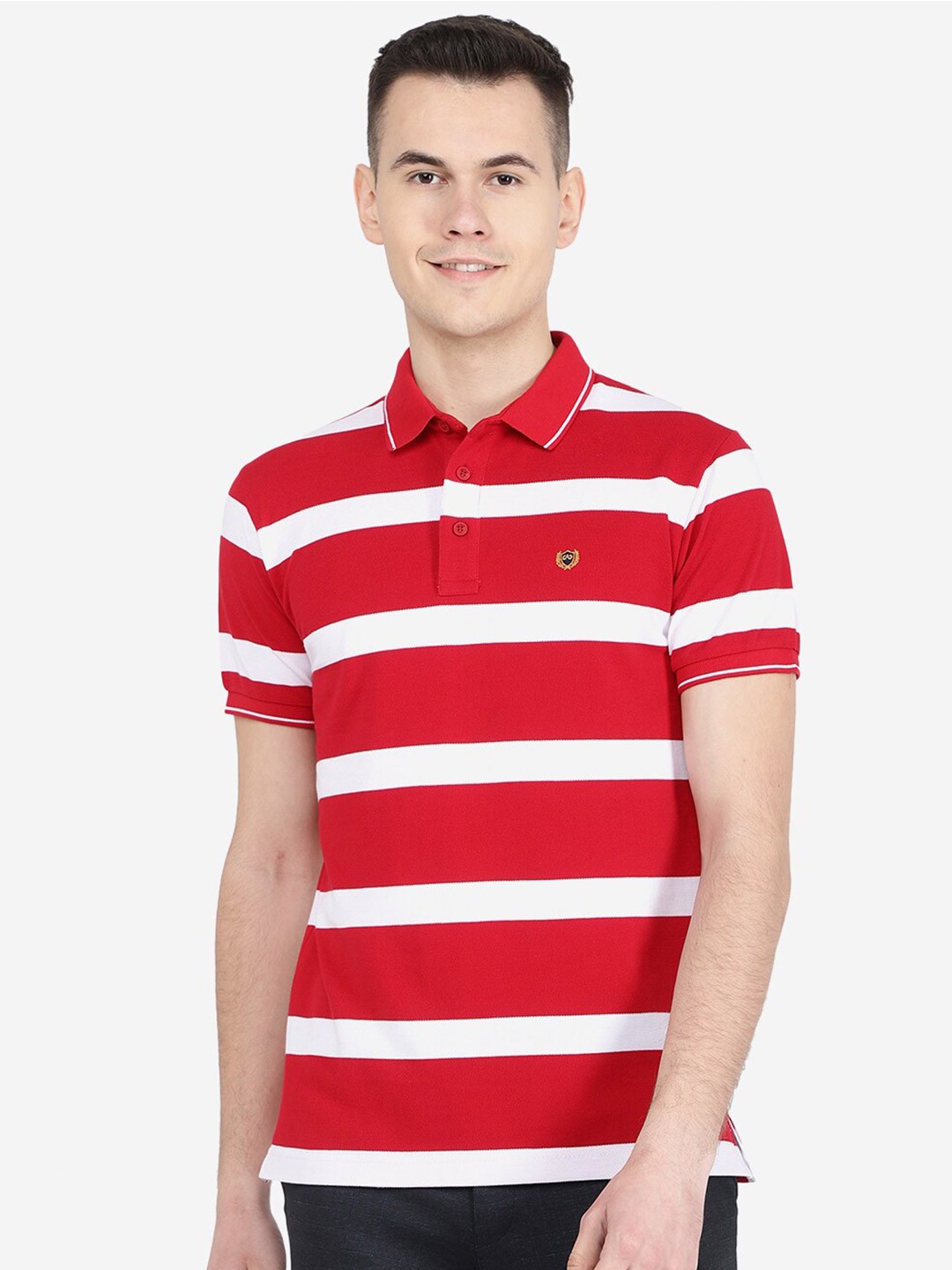 

JADE BLUE Striped Polo Collar Slim Fit Cotton T-shirt, Red