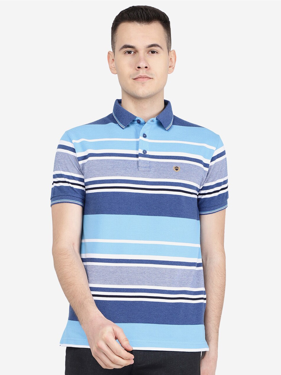 

JADE BLUE Striped Polo Collar Slim Fit Cotton T-shirt