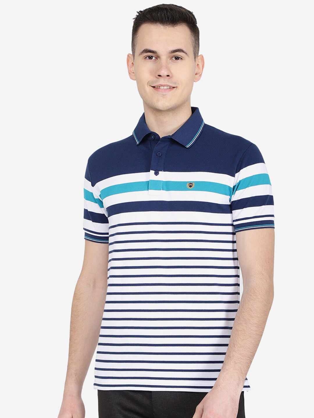 

JADE BLUE Striped Polo Collar Slim Fit Cotton T-shirt, White