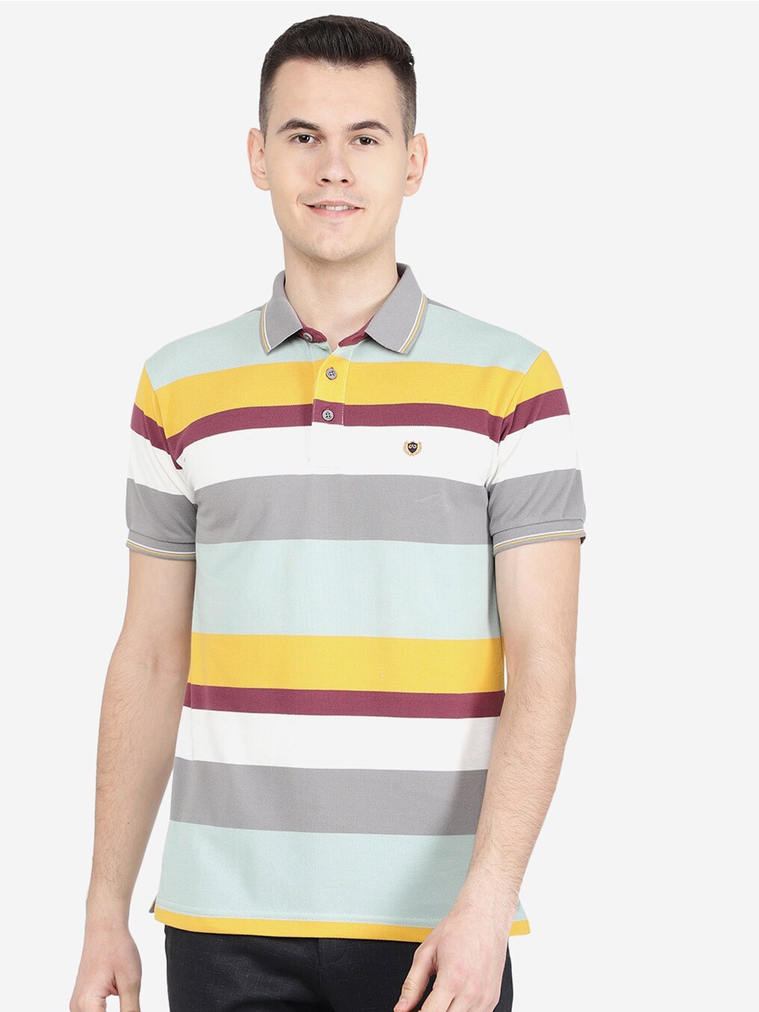 

JADE BLUE Striped Polo Collar Slim Fit Cotton T-shirt, White