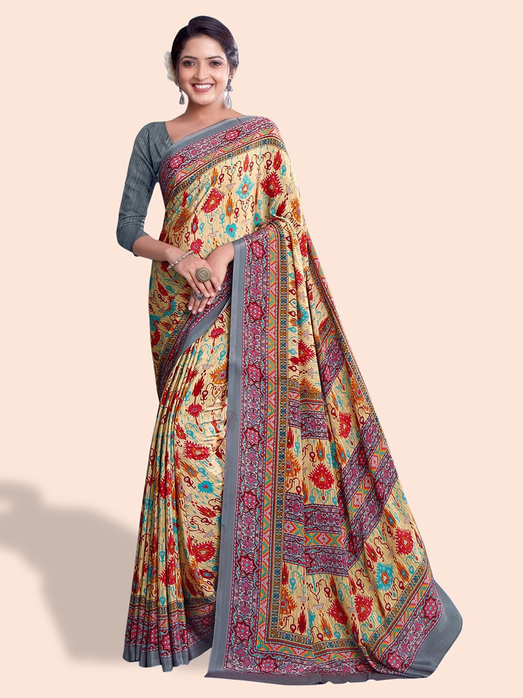 

Kasak Ethnic Motif Block Print Pure Crepe Saree, Yellow