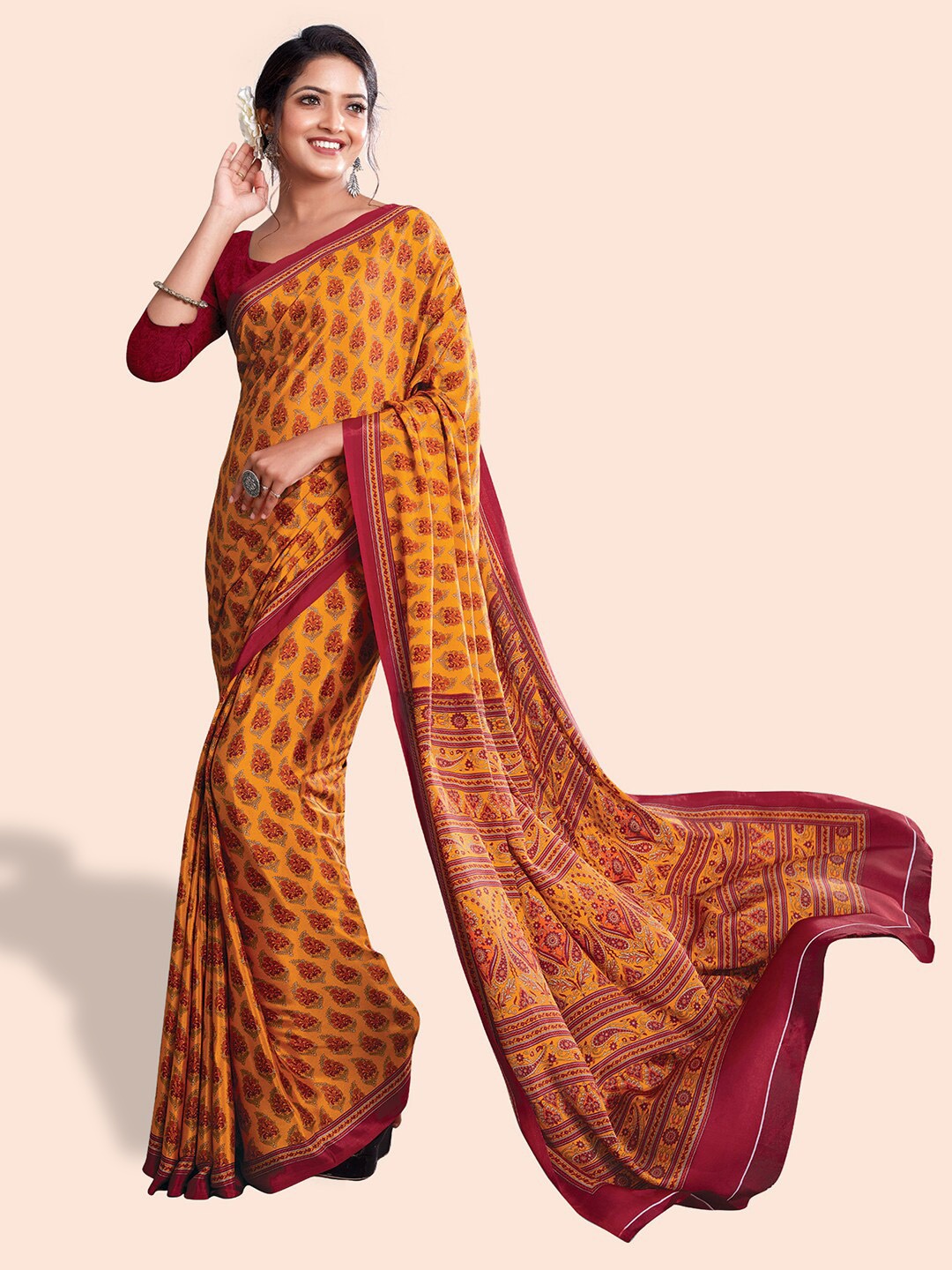

Kasak Ethnic Motif Printed Pure Crepe Saree, Yellow