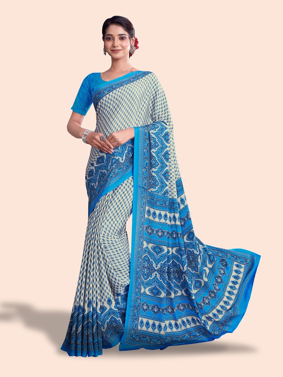 

Kasak Floral Printed Block Print Saree, Off white