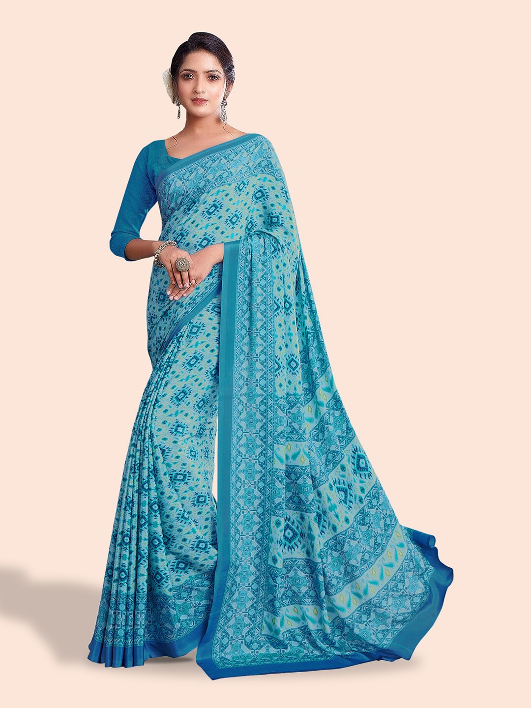 

Kasak Geometric Motif Pure Block Print Pure Crepe Saree, Blue