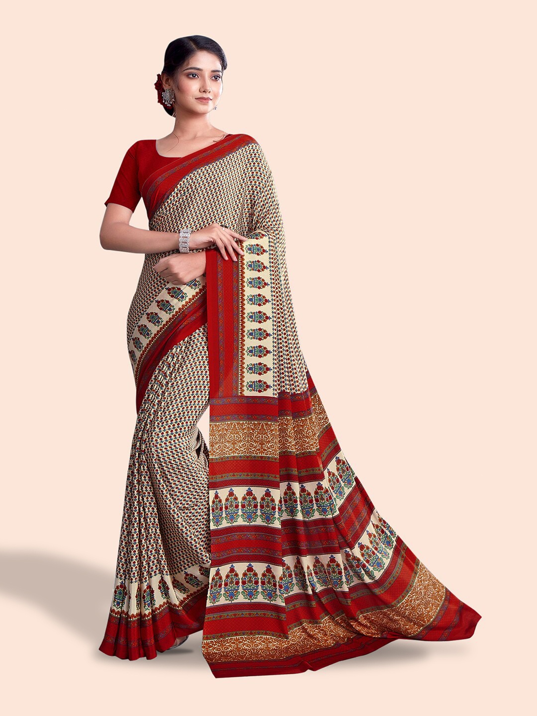 

Kasak Floral Block Print Saree, Peach