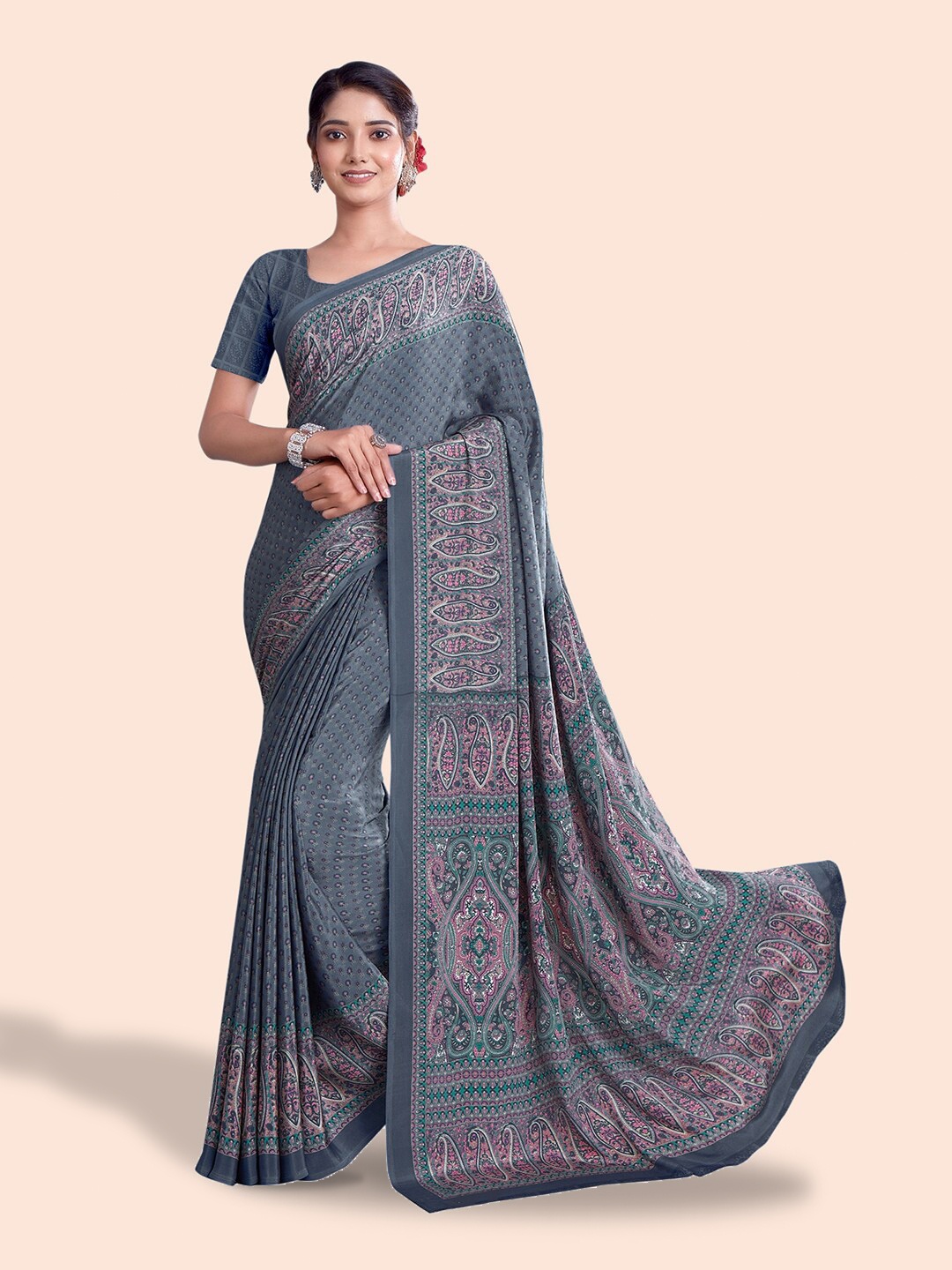 

Kasak Paisley Pure Crepe Block Print Saree, Grey