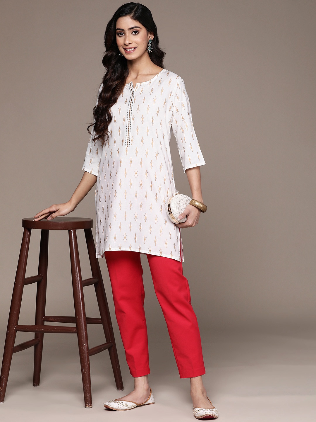 

Anubhutee Ethnic Motifs Printed Mirror Work Mirror Work Kurti, White