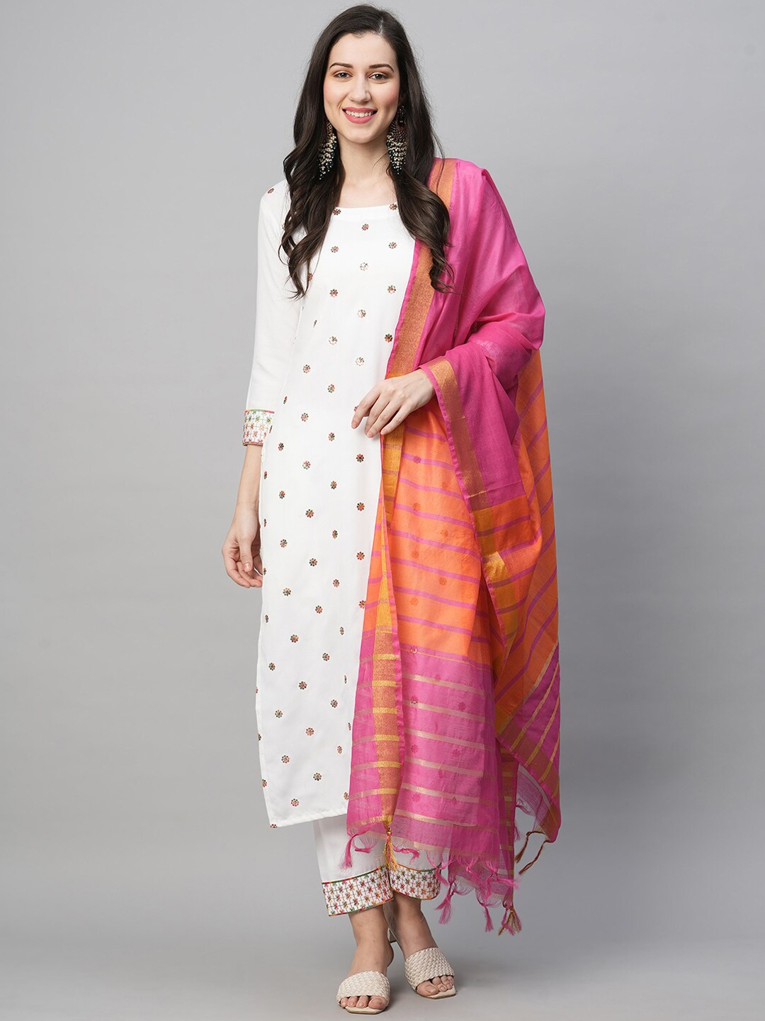 

KALINI Floral Embroidered Thread Work Kurta With Trousers & Dupatta, White