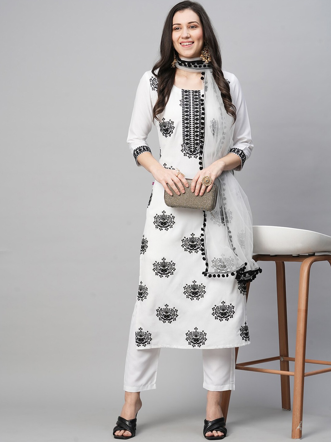 

KALINI Floral Embroidered Kurta With Trousers & Dupatta, White