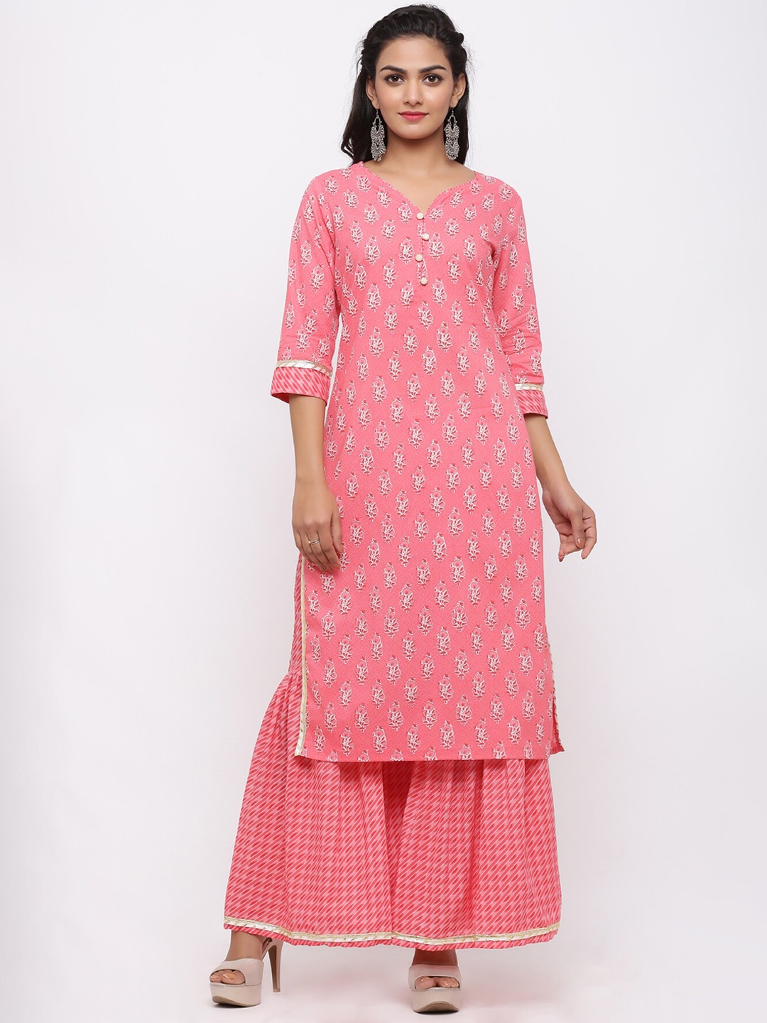 

FABRIC FITOOR V-Neck Floral Printed Pure Cotton Kurta With Sharara, Pink