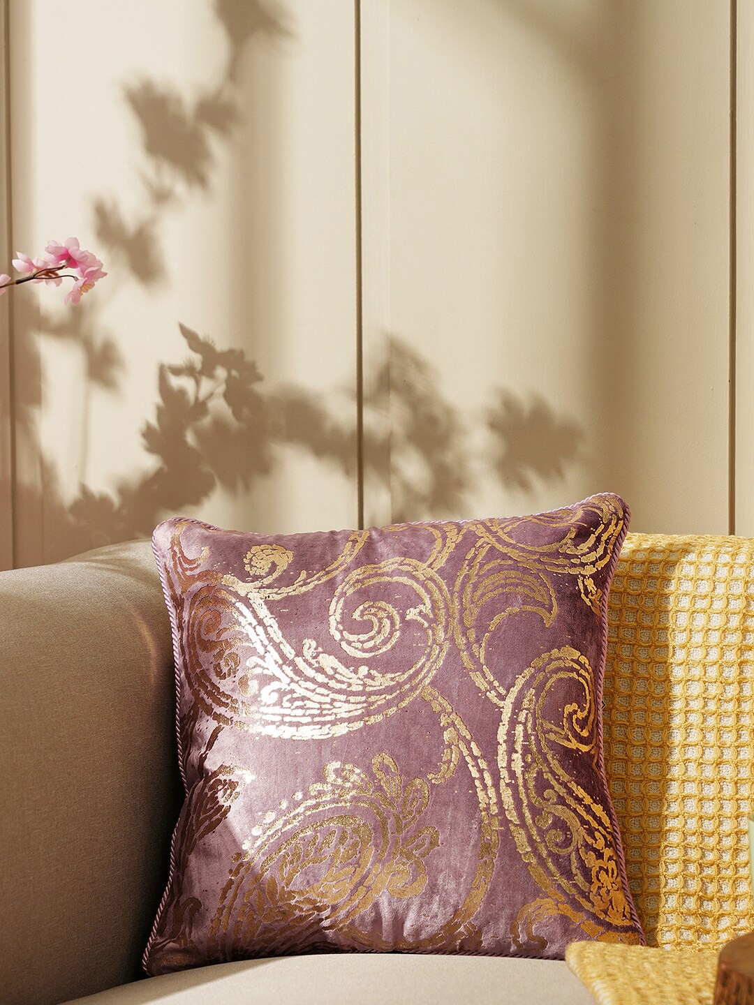 

Pure Home and Living Purple & Gold-Toned Ethnic Motifs Cotton Square Cushion Cover