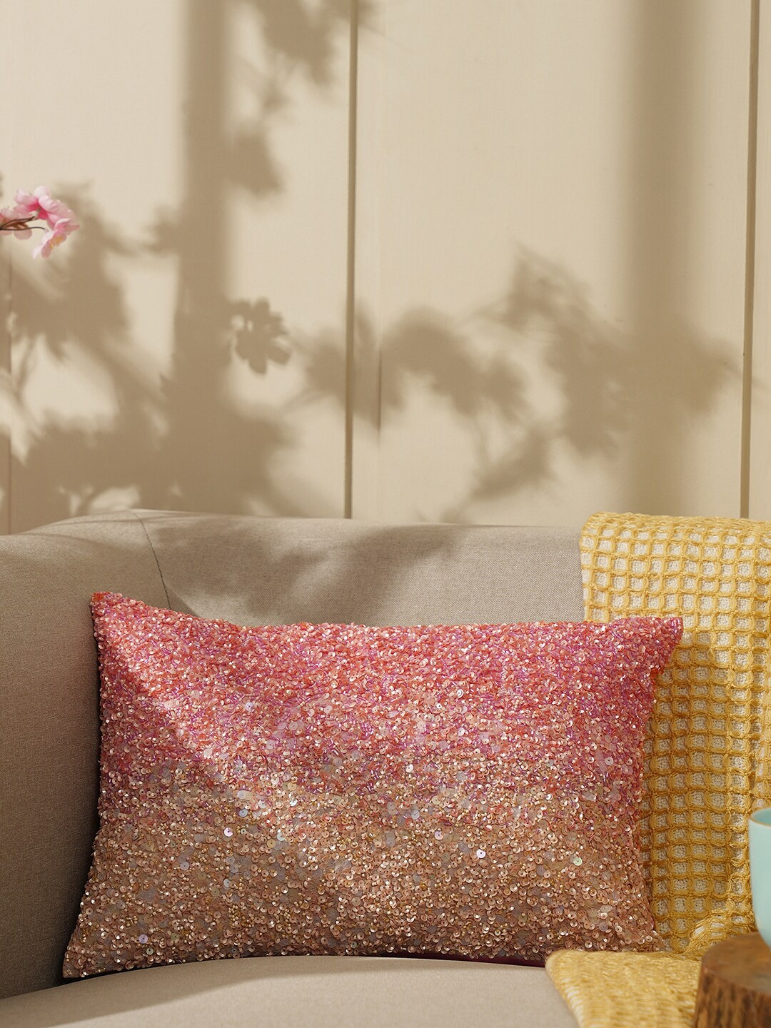 

Pure Home and Living Pink & Beige Embellished Rectangle Cushion Cover