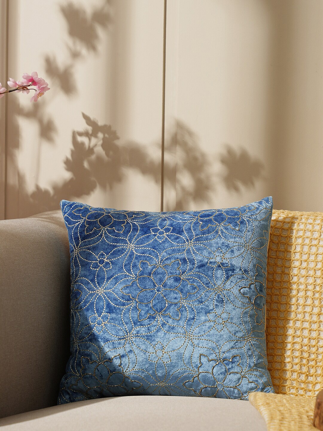 

Pure Home and Living Blue & Beige Embroidered Cotton Square Cushion Cover