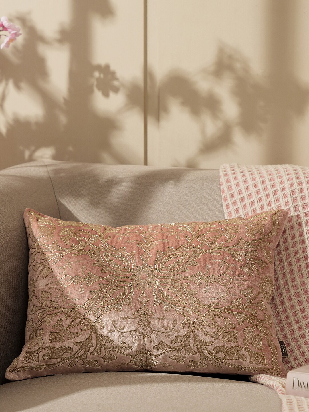 

Pure Home and Living Pink & Gold-Toned Embroidered Velvet Rectangle Cushion Cover