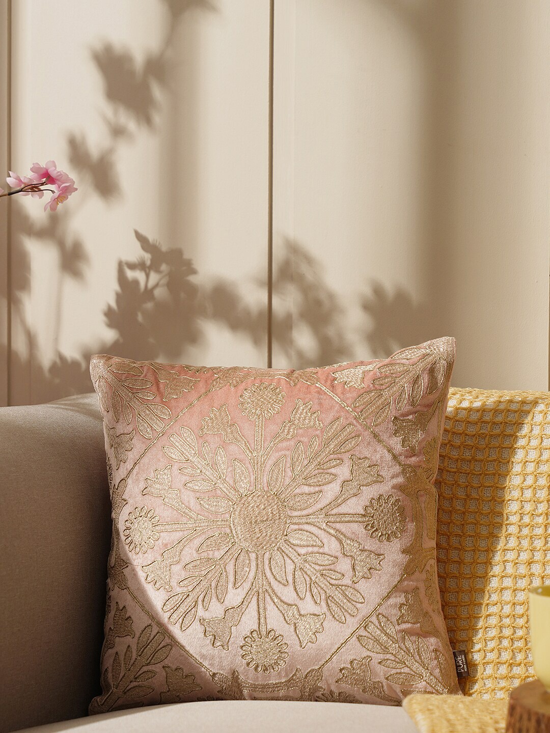 

Pure Home and Living Pink & Brown Embroidered Velvet Square Cushion Cover