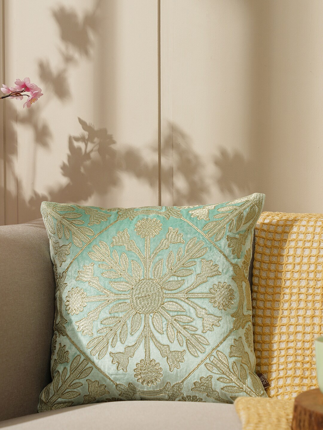 

Pure Home and Living Blue & Gold-Toned Embroidered Velvet Square Cushion Cover