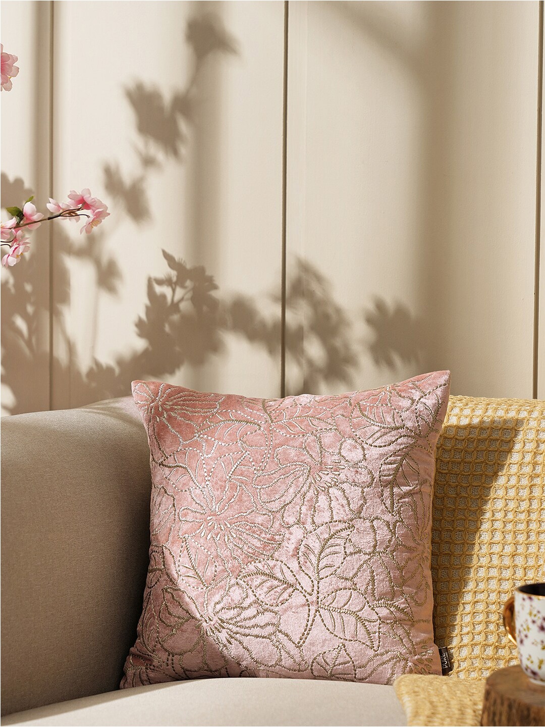 

Pure Home and Living Pink & Beige Embroidered Cotton Square Cushion Cover