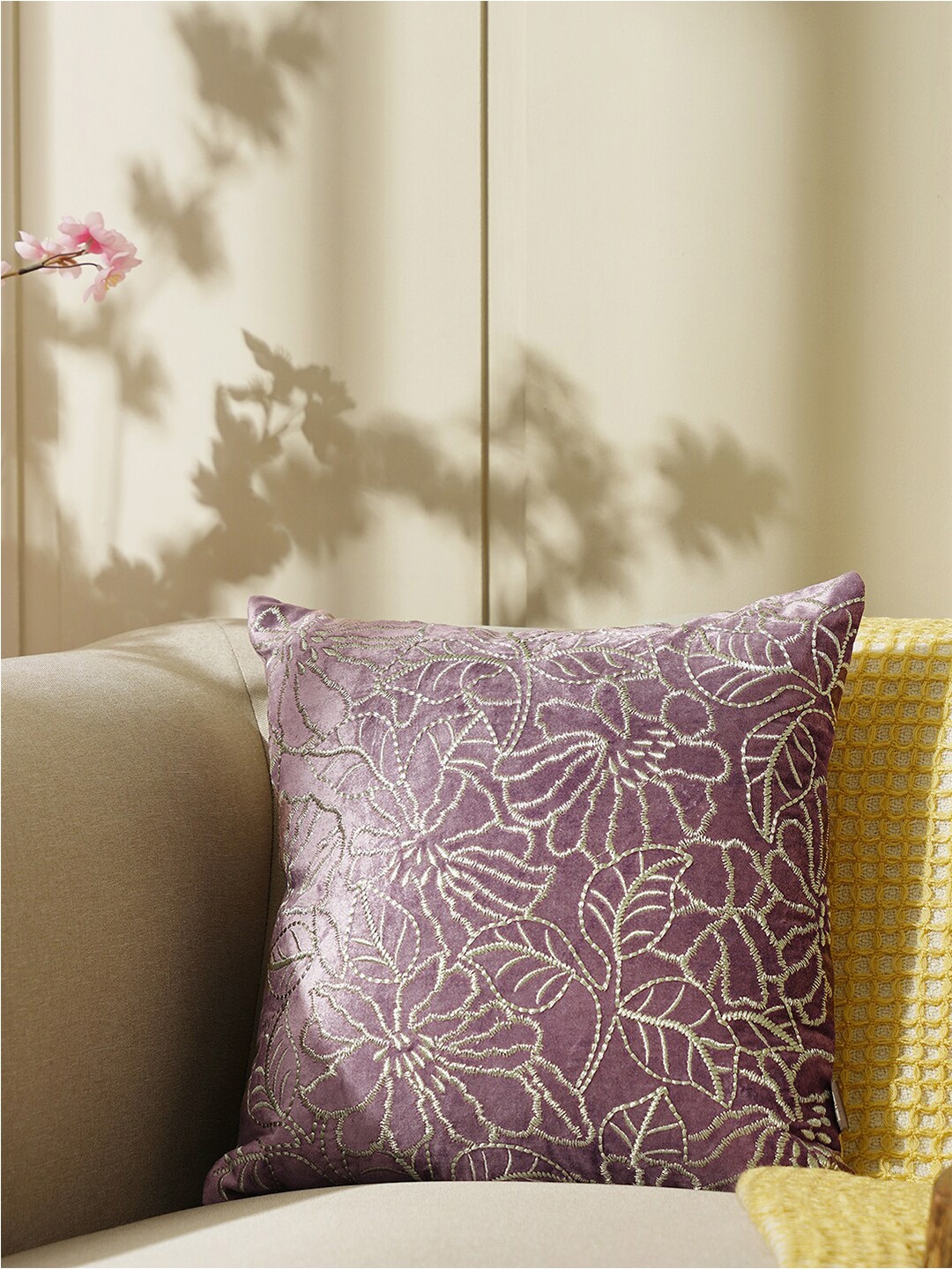 

Pure Home and Living Purple & Brown Embroidered Cotton Square Cushion Cover