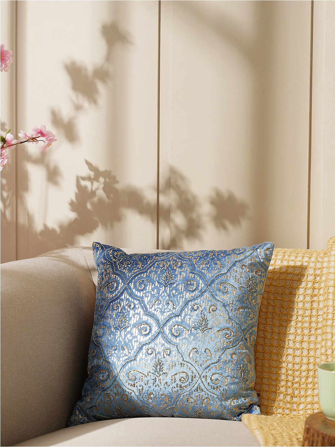 

Pure Home and Living Blue & Gold-Toned Floral Cotton Square Cushion Cover