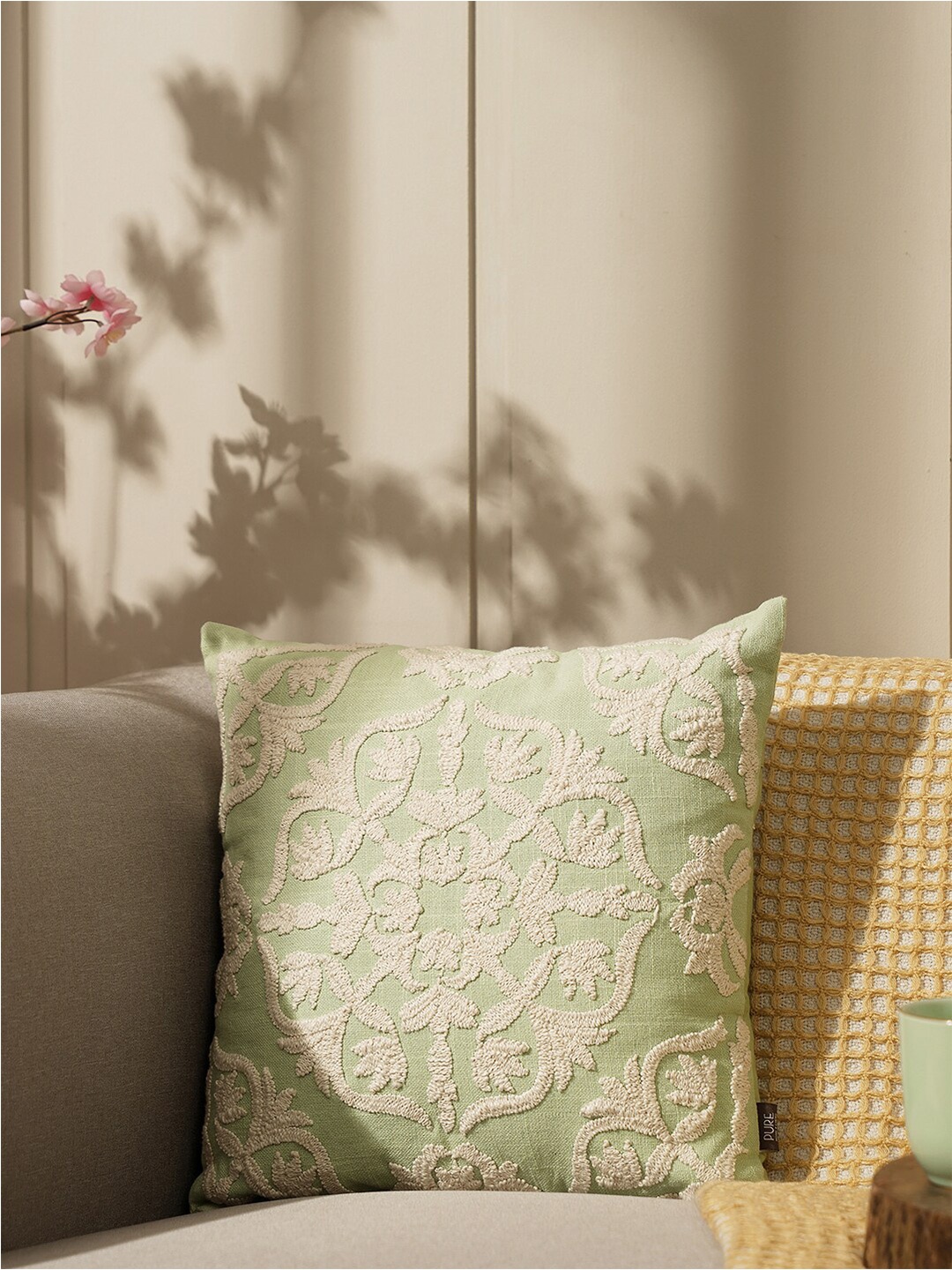 

Pure Home and Living Green & Beige Embroidered Cotton Square Cushion Cover