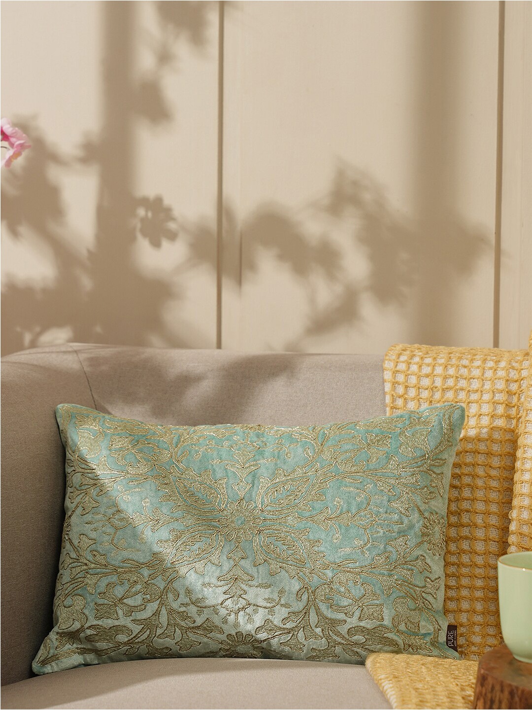 

Pure Home and Living Blue & Gold-Toned Embroidered Velvet Rectangle Cushion Cover