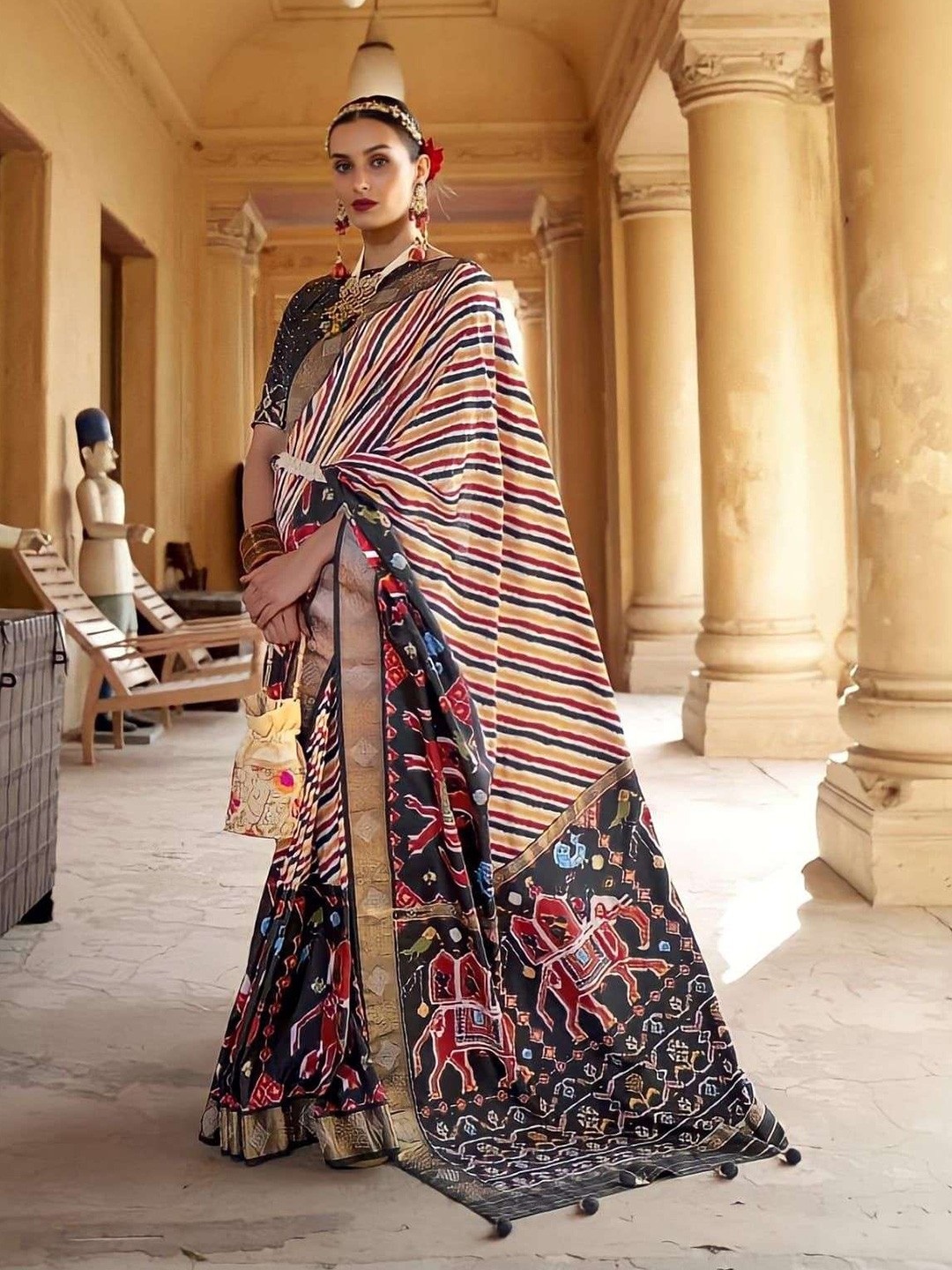 

Mitera Striped Beads and Stones Pure Silk Patola Saree, Yellow