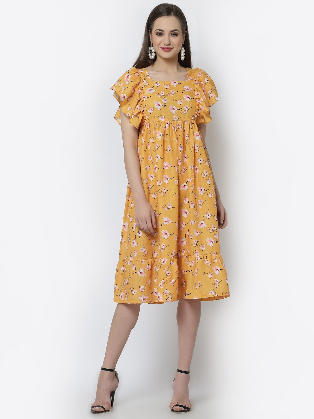 

Altiven Flutter Sleeves Floral Printed Dress, Yellow