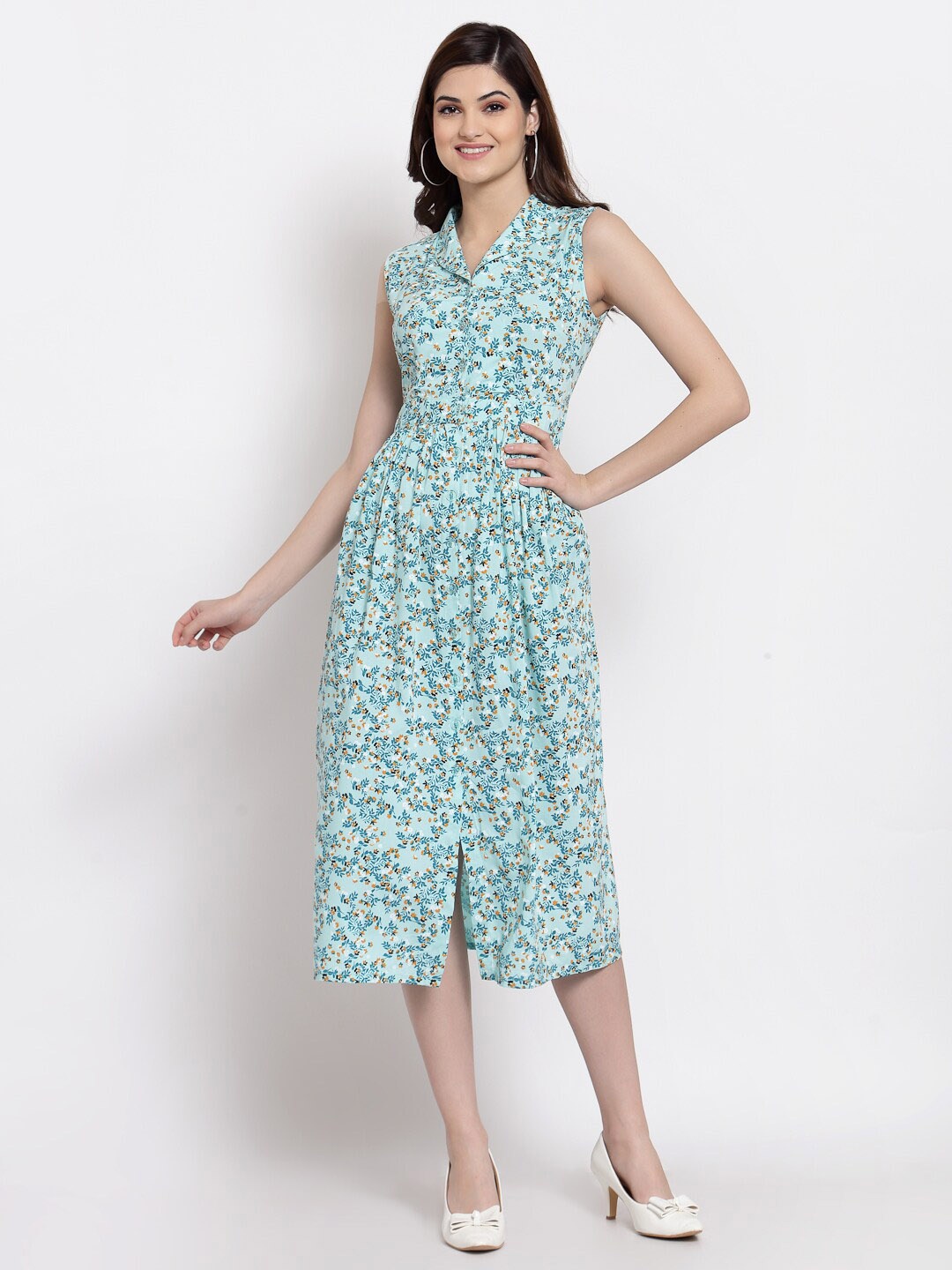 

Altiven Floral Printed Shirt Collar Midi Shirt Dress, Blue