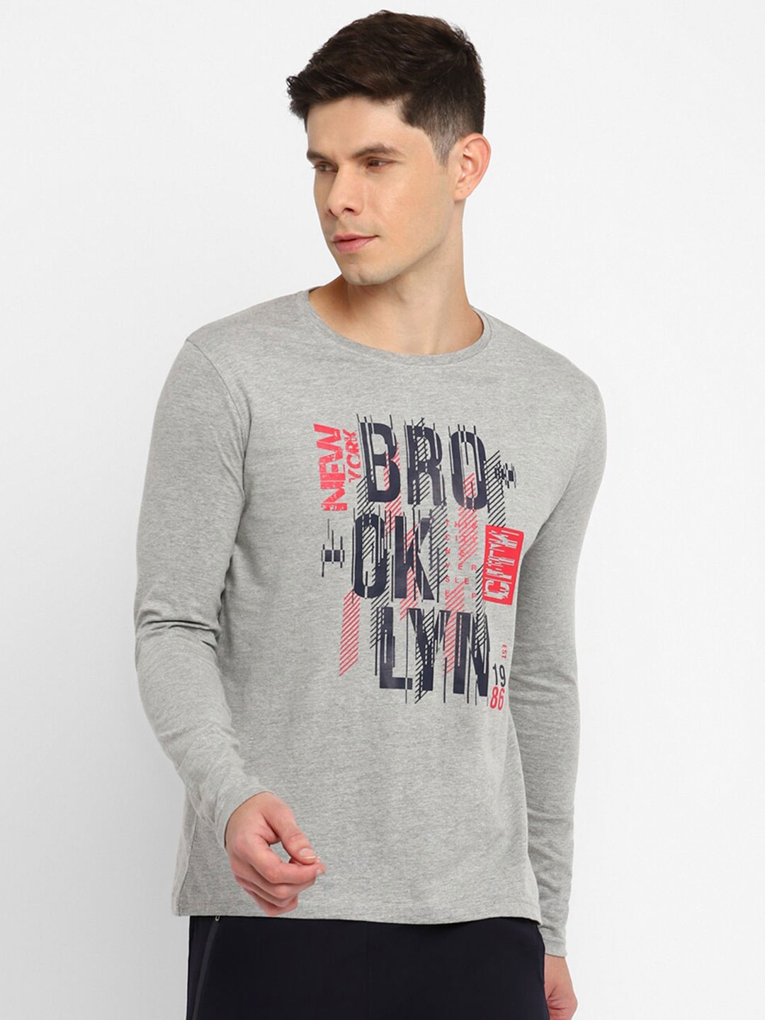 

appulse Typography Printed Long Sleeve Round Neck Cotton Running T-shirt, Grey melange